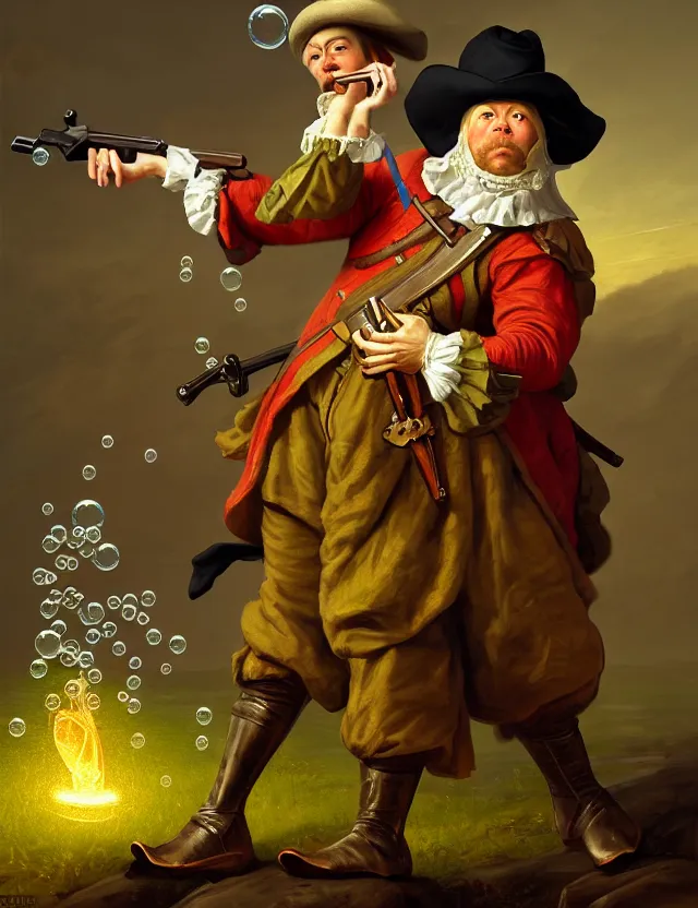 Image similar to anthropomorphic bipedal frog that is dressed as a medieval worker, and dual wielding revolver pistols, as a baroque oil painting and d & d character art, by alexander roslin, standing, fullbody, floating bubbles, enlightenment, mystic, concept art, award - winning, extremely detailed, sharp focus