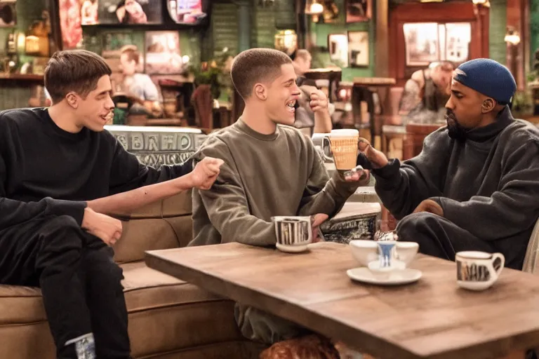 Prompt: Kanye West and Pete Davidson (2022) are best friends, drinking coffee at central perk, still photo, hyperrealistic, 35mm, 8k, by weta digital