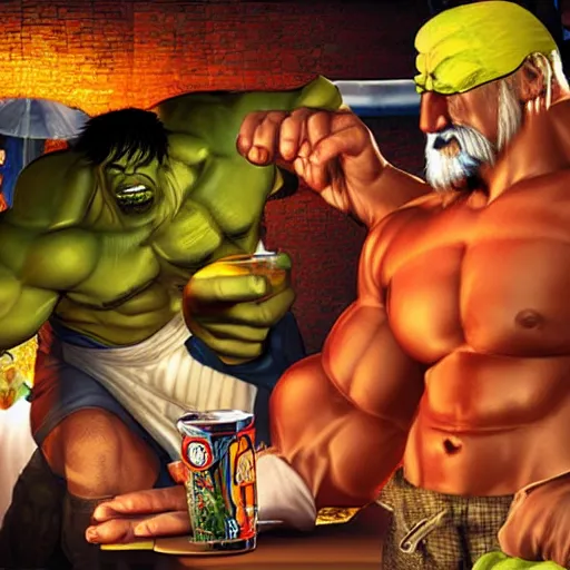 Prompt: hulk hogan having a drink in a tavern, vanillaware artwork