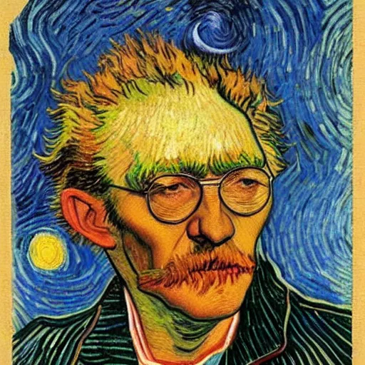 Prompt: A portrait of Harry Carey gazing at a moon made of cheese by Van Gogh (1884)