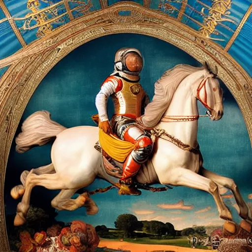 Prompt: a very elaborate elaborated huge standalone hyperrealistic photorealistic hyperdetailed astronaut riding a horse, art nouveau rococo in the style of caravaggio. unexpected maximalist fabric elements hd 8 x matte background in vibrant pastel tones