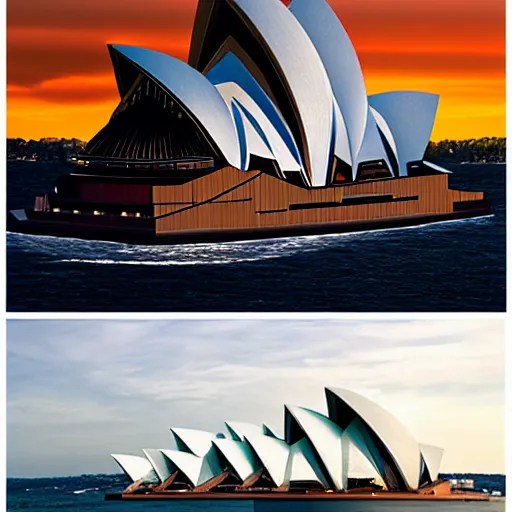 Image similar to sydney opera house as a sailboat with 1 5 different sails and huge stacks of beautiful architecture coves as sails