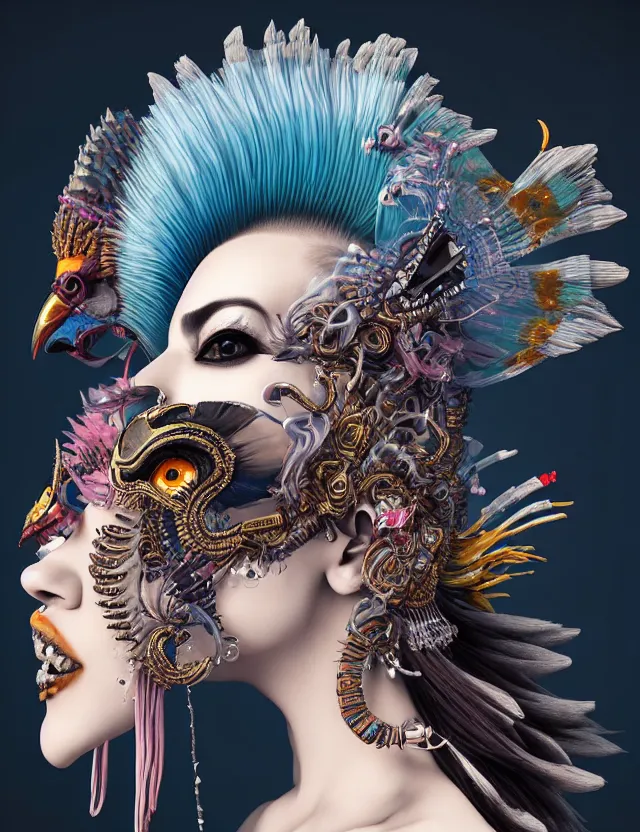 Image similar to 3 d goddess close - up profile portrait punk with mohawk with ram skull. beautiful intricately detailed japanese crow kitsune mask and clasical japanese kimono. betta fish, jellyfish phoenix, bio luminescent, plasma, ice, water, wind, creature, artwork by tooth wu and wlop and beeple and greg rutkowski