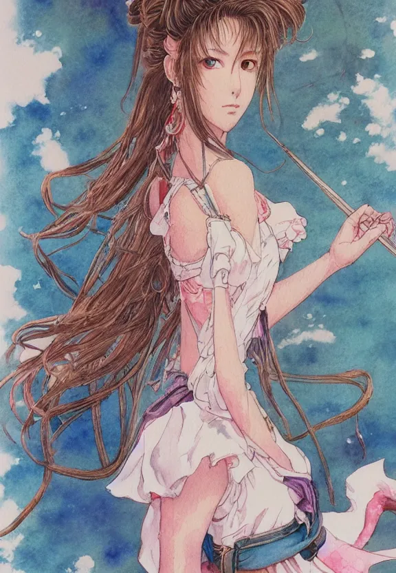 Image similar to a full-body watercolor painting of Aerith Gainsborough by Yoshitaka Amano, ukiyo-e, nouveau, concept art, 80's fantasy art, highly detailed, intricate, trending on artstation, award-winning