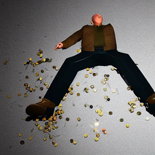 Prompt: Man falling down stairs with hundreds of coins shooting out of him, low poly, 3d, raytraced, soft shadows, detailed, 4k