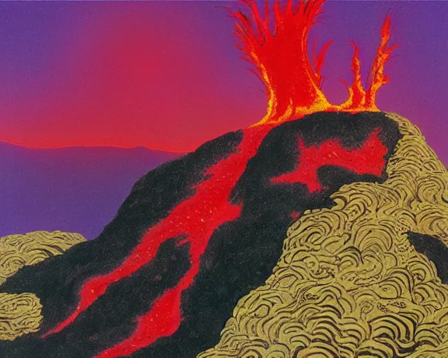 Prompt: roger dean 1 9 8 0 s fire lava volcano imagery, illustration art, album art