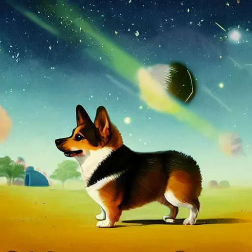 Image similar to adorable corgi puppy in space, starry background, beautiful digital painting by simon stalenhag, magical, intense, cool