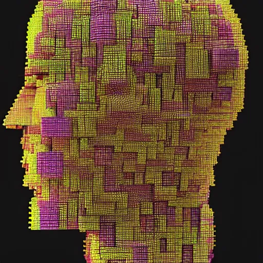 Image similar to a 3/4 view of an android's head made of pixel blocks blown into the wind, realistic, 3d render