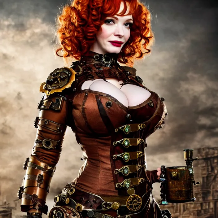 Image similar to full length photo of christina hendricks as a steampunk amazon warrior, highly detailed, 4 k, hdr, smooth, sharp focus, high resolution, award - winning photo