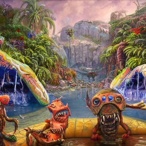 Image similar to the swimming pool of terror, on ancient post - apocalyptic planet, jim henson creature shop, vivid and colorful, thomas kincaid, cinematic, oil painting, highly detailed, illustration