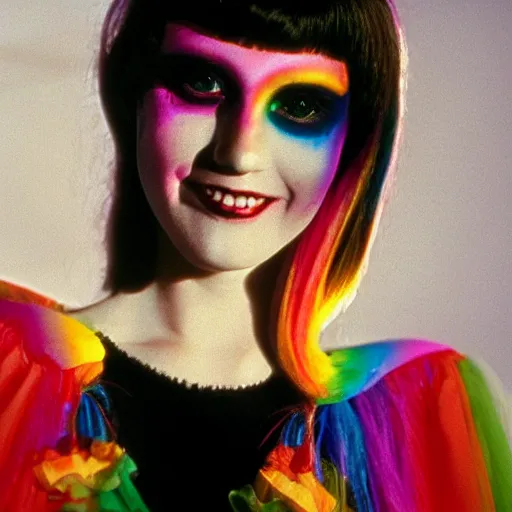 Prompt: a medium shot of a beautiful young 80's goth woman, gently smiling with glowing rainbow eyes, as directed by stanley kubrick in 1985. the woman has styled rainbow and silver hair of many colors. she is wearing an intricate white lace elizabethan ruff. 4k, 8k, professional, filmic