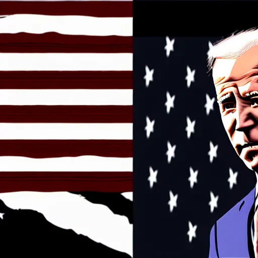 Prompt: Joe Biden looking sinister, american flag, by Tsutomu Nihei, highly detailed