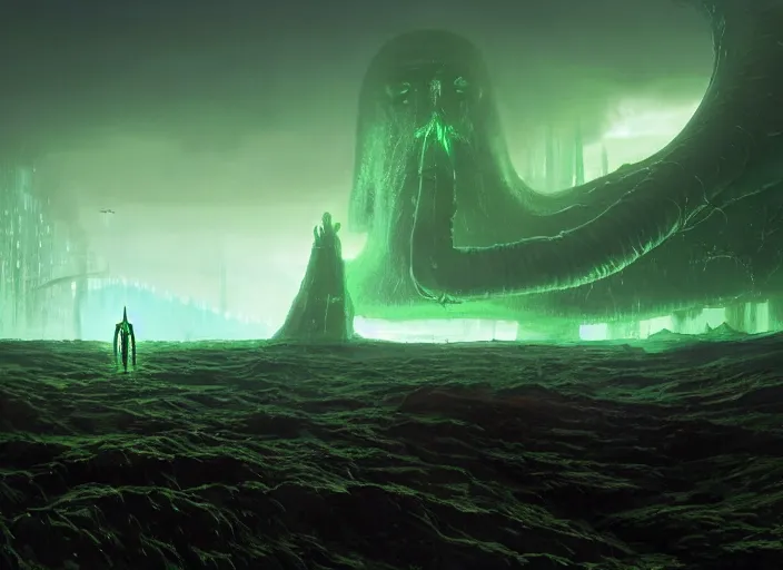 Prompt: giant monstrous green aggressive squid monster towering over man in white armor who has a gleaming sword made of black fire. The foreground is covered by mystical, translucent mist, epic science fiction horror digital matte painting by Simon Stalenhag and Mark Brooks (and Greg Rutkowski), extremely detailed, artstation