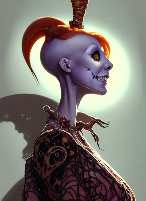 Image similar to portrait of sally from the nightmare before christmas, intricate, elegant, highly detailed, my rendition, digital painting, artstation, concept art, smooth, sharp focus, illustration, art by artgerm and greg rutkowski and alphonse mucha and uang guangjian and gil elvgren and sachin teng, symmetry!!