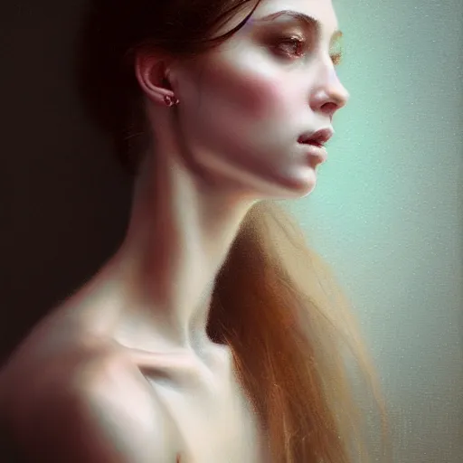 Image similar to half body portrait of tiffany, hyperrealism, beauty, intricate detail, photo by greg rutkowski, elegance, soft lighting, sharp focus