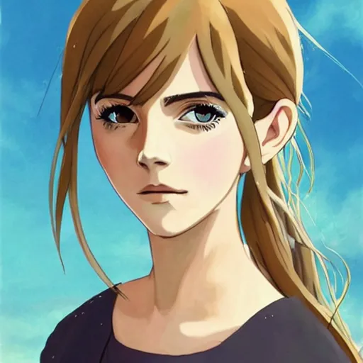 Image similar to a portrait painting of emma watson as anime girl by studio ghibli