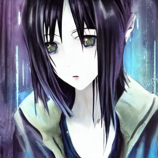 Prompt: 1 7 - year - old anime goth girl, black hair, long bob cut, long bangs, gothic coat, long bangs, united kingdom, rainy day, small town in great britain, midlands, english village, ultra - realistic, sharp details, cold lighting, blue and gray colors, intricate details, subsurface scattering, hd anime, 2 0 1 9 anime