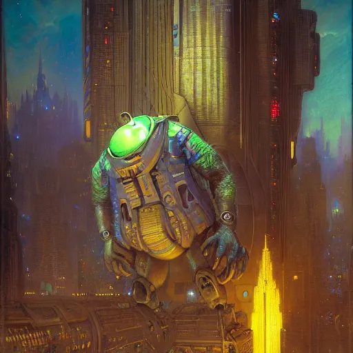 Prompt: portrait sulley from monsters inc. spaceship futuristic city. shadowrun cyberpunk fantasy d & d painting by gaston bussiere craig mullins jc leyendecker gustav klimt artgerm greg rutkowski john berkey, bergey, craig mullins, ruan jia, raymond swanland, tom lovell