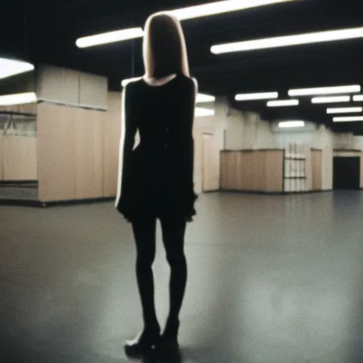 Image similar to a lone female android girlfriend stands motionless in front of the camera in an empty retail backroom room with cinestill 7 0's film liminal, flash photography