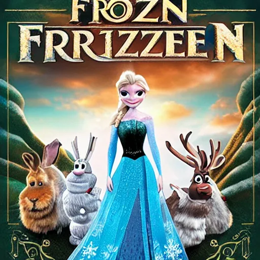 Image similar to A poster for the movie Frozen but with rabbits on the cover