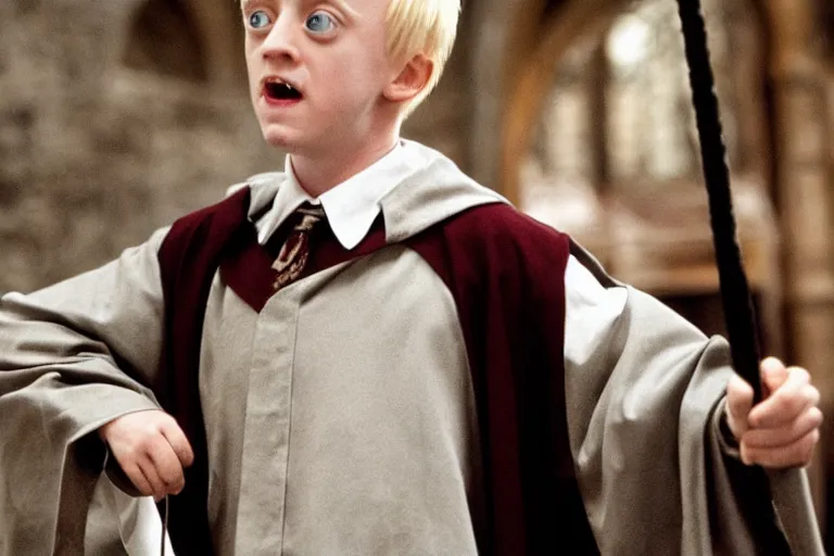 Image similar to film still Macaulay Culkin as Draco Malfoy wearing hogwarts uniform in Harry Potter movie