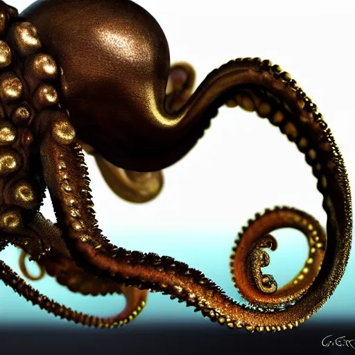 Prompt: a beautiful hyper-realistic 3D matte macro photograph of a gold leafed octopus with Turquoise eyes, black backdrop, dynamic lighting, by greg rutkowski, thomas kinkade, Raphael Lacoste, sparth, Jason Rainville, Ian Mcque, Douglas Murakami, Albert Bierstadt, and andreas rocha high resolution, 4K, 16K, 8K, HD, detail, photobash, good focus, F16, quality