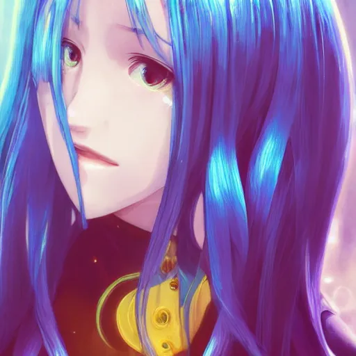 Image similar to profile shot of rimuru tempest, sky blue, straight hair, long bangs, | gold colored eyes | wearing a black jacket with white stripes, very high collar, highly detailed, unreal engine 5, digital painting, cinematic, wlop | artgerm, pixiv, yoshitaka amano, greg rutkowski, ilya kuvshinov, andy warhol