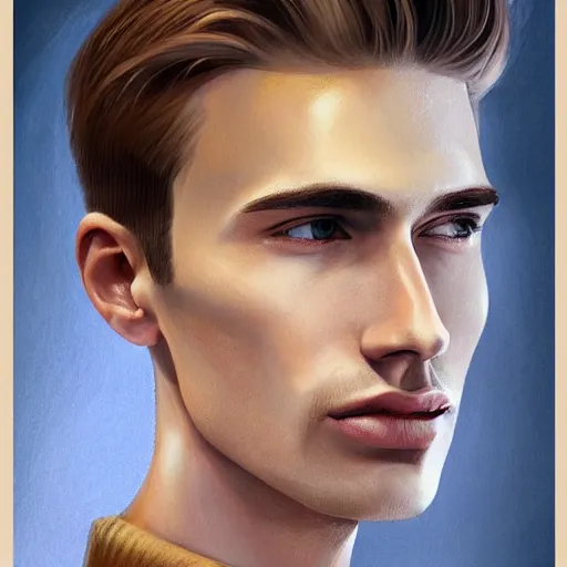 Image similar to tall man in his twenties with brown blond short quiff hair and thin slightly round facial structure with cleft chin, straight eyebrows and prominent nose, good definition of cheekbones, big hazel nut brown eyes, narrow face, slim body, atmospheric lighting, painted, intricate, 4 k, highly detailed by charlie bowater