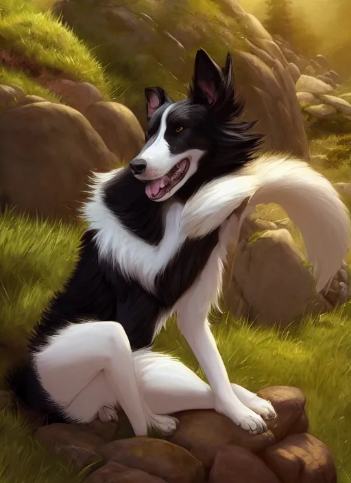 Prompt: wide angle beautiful full body portrait of a cute male anthropomorphic anthro border collie fursona reclining on the side of a rocky hill, character design by charlie bowater, henry asencio, and ross tran, disney, scenic background, detailed, glamor pose, aesthetic, trending on artstation, furaffinity, deviantart