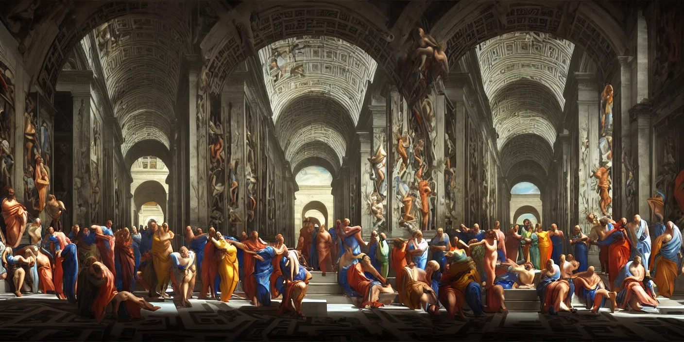 Prompt: the school of athens paiting, cyberpunk, hyper detailed, neon, concept art, award winning concept art