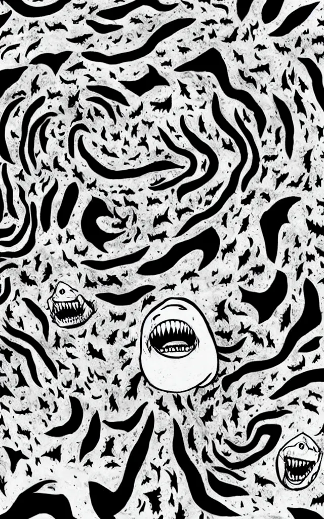 Image similar to Sharknado in the style of junji ito, manga, horror, spirals, faces, sharks, teeth