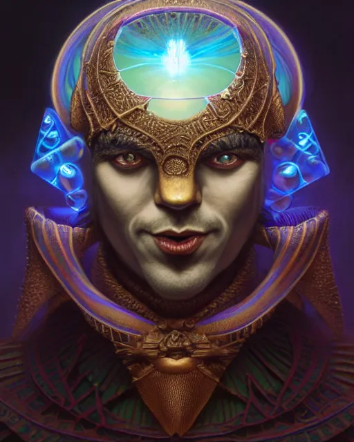 Image similar to front shot of a court jester character, hyperdimensional, bioluminescent hypercubes, ((intricate)), elegant, highly detailed, centered, (((artstation, concept art, smooth, sharp focus, artgerm, Tomasz Alen Kopera, Peter Mohrbacher, donato giancola, Joseph Christian Leyendecker, WLOP, Boris Vallejo))), mugshot!!!!!, ugly!!!!!!, octane render, nvidia raytracing demo, grainy, muted