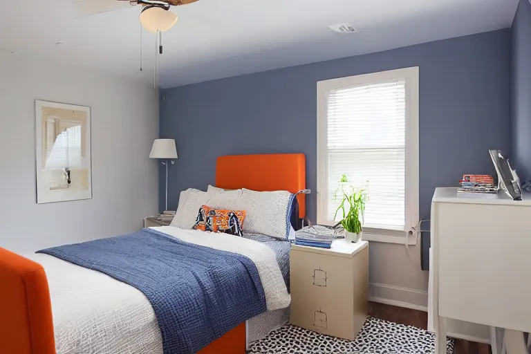 Image similar to a 10 by 11 foot room with white with a criss cross pattern in blue grey walls, white ceiling, navy blue carpet, a small bed, desk, two wooden wardrobes, a little side table in a light wood veneer, a window, desk fan, table light, and an old TV, and a ceiling fan gives off a dim orange light. Old