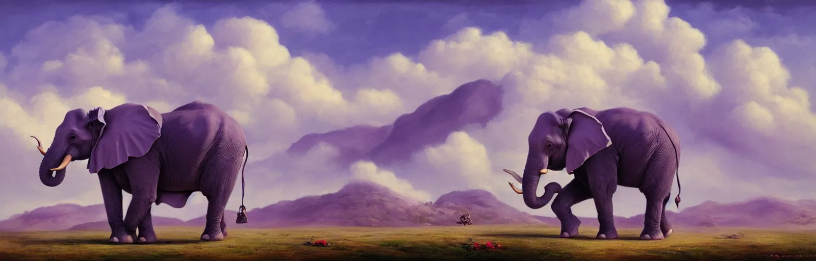 Image similar to A purple elephant standing in a field of clouds, mountains in the background, illustration, detailed, smooth, soft, warm, by Adolf Lachman, Shaun Tan, Surrealism