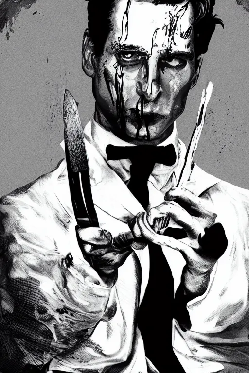 Image similar to black and white illustration of Patrick Bateman holding a big knife, neo noir style, Frank Miller creative design, body horror