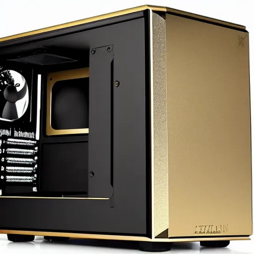 Prompt: a beautiful photo of a golden PC case, ultra realistic details, 8k