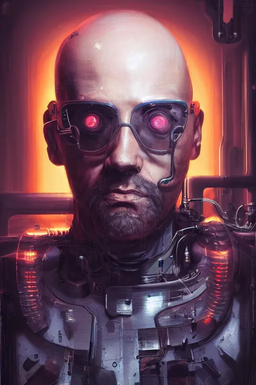 Image similar to a full body illustration of an male cyberpunk character wearing bionic implants, criminal mugshot, bald, bearded, highly detailed, oil on canvas, soft lighting, neon pastel colors, by WLOP and Greg Staples, HD, 4K