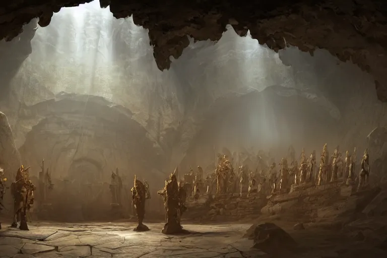 Prompt: A ring of centurion statues in a cave standing around an altar with a sword stuck in the altar. highly detailed and dramatic, haze, volumetric light, artstation, concept art, matte, digital painting by by Greg Rutkowski and Craig Mullins