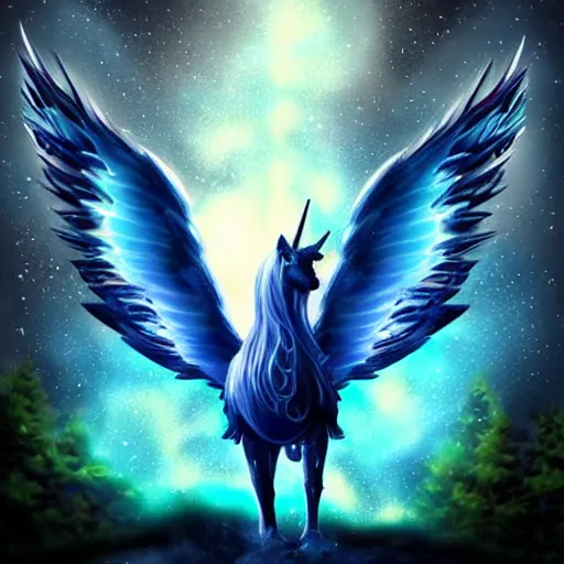 Image similar to black unicorn with glowing blue eyes and big eagle wings standing on its hind legs, magical, sparkles, soft glow, fantasy, ethereal, nighttime forest, trending on artstation