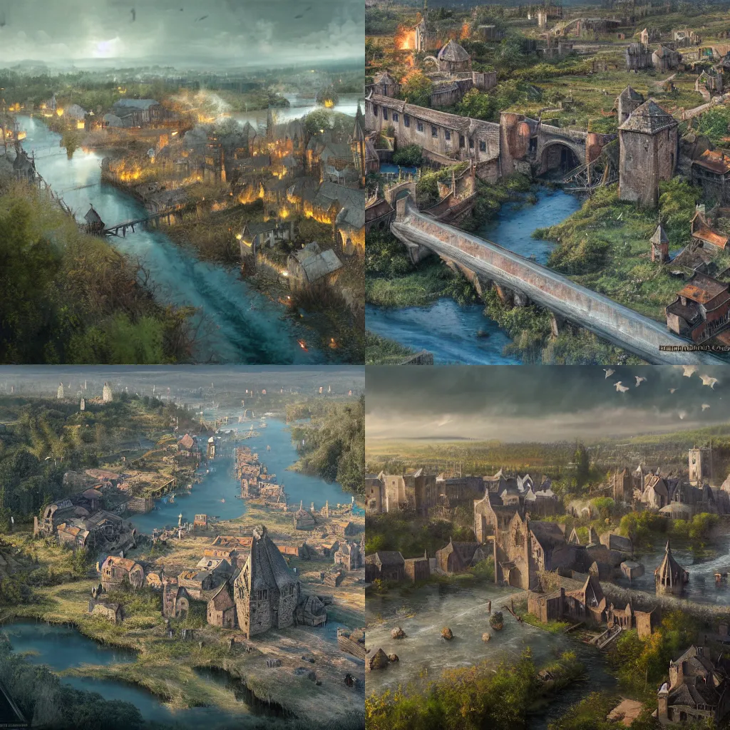 Prompt: high airborne view of a downtrodden medieval town by a river in a swamp surrounded by a visible magic translucent barrier barrier barrier barrier, 4k, by Greg Rutkowski, fantasy, mix of celtic and Rus architecture, visible barrier, cinematic