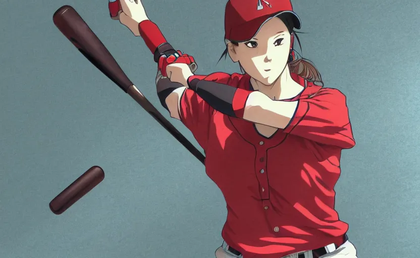 Image similar to anime style, female baseball player using bat, red sport clothing, strike pose, launching a straight ball, brown short hair, hair down, symmetrical facial features, from arknights, hyper realistic, rule of thirds, extreme detail, 4 k drawing, safebooru, realistic lighting, by alphonse mucha, greg rutkowski, sharp focus, backlit