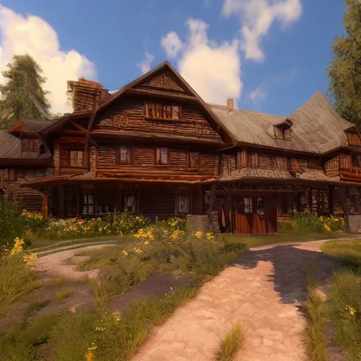 Image similar to Peaceful wooden mansion, unreal engine 5 tech demo, Asher Duran