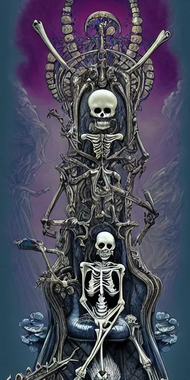 Image similar to tarot card render of a skeleton sitting on a throne, poster art by James Jean, Joe Fenton, Lise Deharme, Anne Stokes, Brian Despain, Petros Afshar behance contest winner, gothic art, , apocalypse art, behance hd, macabre poster art,