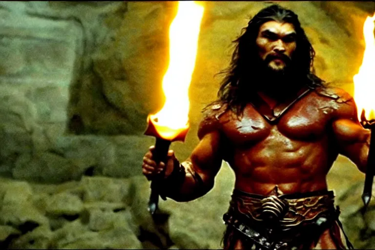 Image similar to film still from conan the barbarian, jason momoa as conan holding a torch in the catacombs of evil, fantasy armor, volumetric lighting, mist, wet skin and windblown hair, muscular!!!, masculine pose, ridley scott