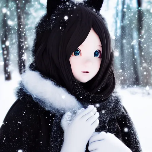 Prompt: photorealistic of a very cute joyful 3d anime girl, wearing fluffy black scarf, long coat, mittens, black long curly hair, cat ears, snowing in the forest, medium shot, mid-shot, highly detailed, trending on Artstation, Unreal Engine 4k