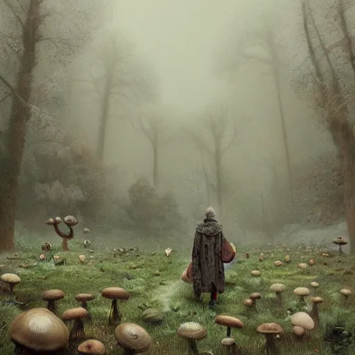 Image similar to an old broken hut mage of huge mushrooms, snow in an autumn forest, animals, green and brown tones, by Aron Wiesenfeld and beksincki, in the style Bev dolittle, cinematic, detailed illustration, nature, fog, dark colors, suspense, intricate, 8k in the style