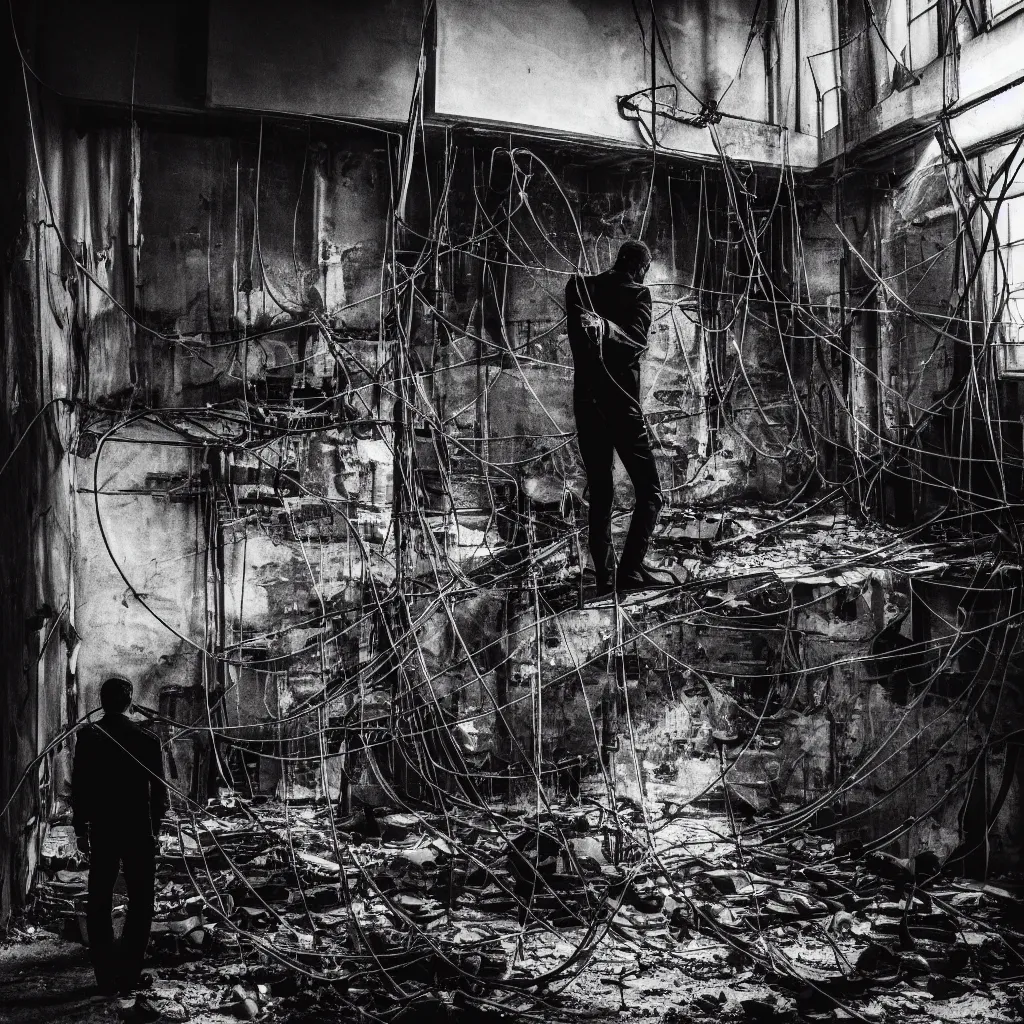 Image similar to a man in black in leather, watching a black hole forming in the grimy grungy basement of an abandoned apartment block, wires, cables, grainy black and white photography