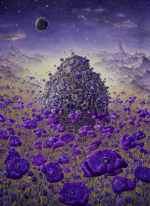 Image similar to detailed, intricate blue black and purple papaverum flower on the field, nebula, galaxy in the sky, winning award masterpiece, fantastically beautiful, illustration, aestheticly inspired, jacek yerka, upscale with anguissola sofonisba work, artstation, 8 k