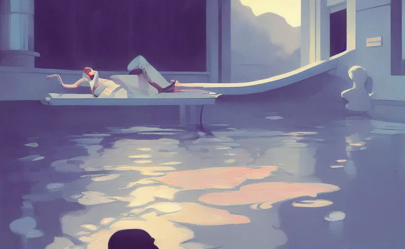 Image similar to the stream of dreams by atey ghailan and escher and edward hopper