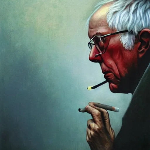 Prompt: a portrait of a calm bernie sanders smoking a cigarette, painted by zdzislaw beksinski